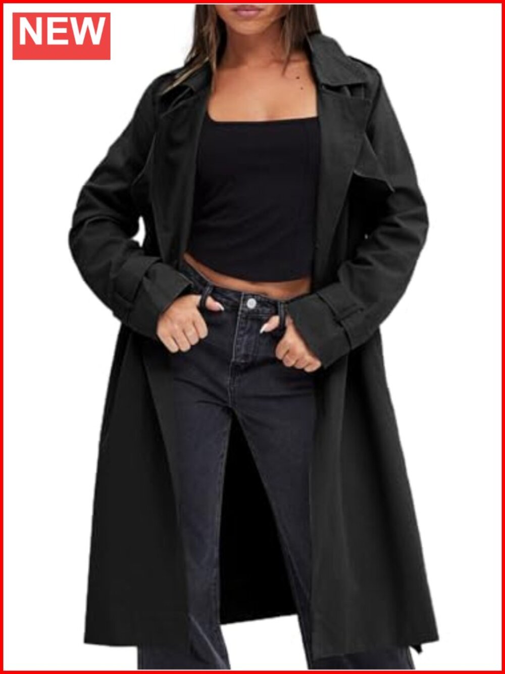 Womens Double Breasted Trench Coat Long Lapel Overcoat With Belt